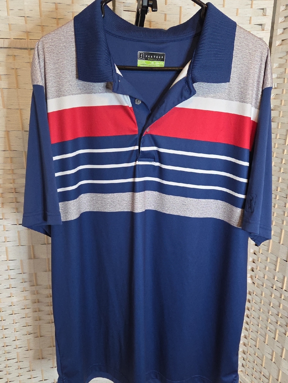 PGA Tour Navy, Red & Gray Striped Men's Polo